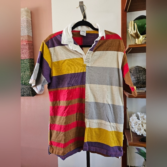 Mens Urban Outfitters Color Block Striped Collared Shirt Size Small Patchwork - Picture 2 of 6